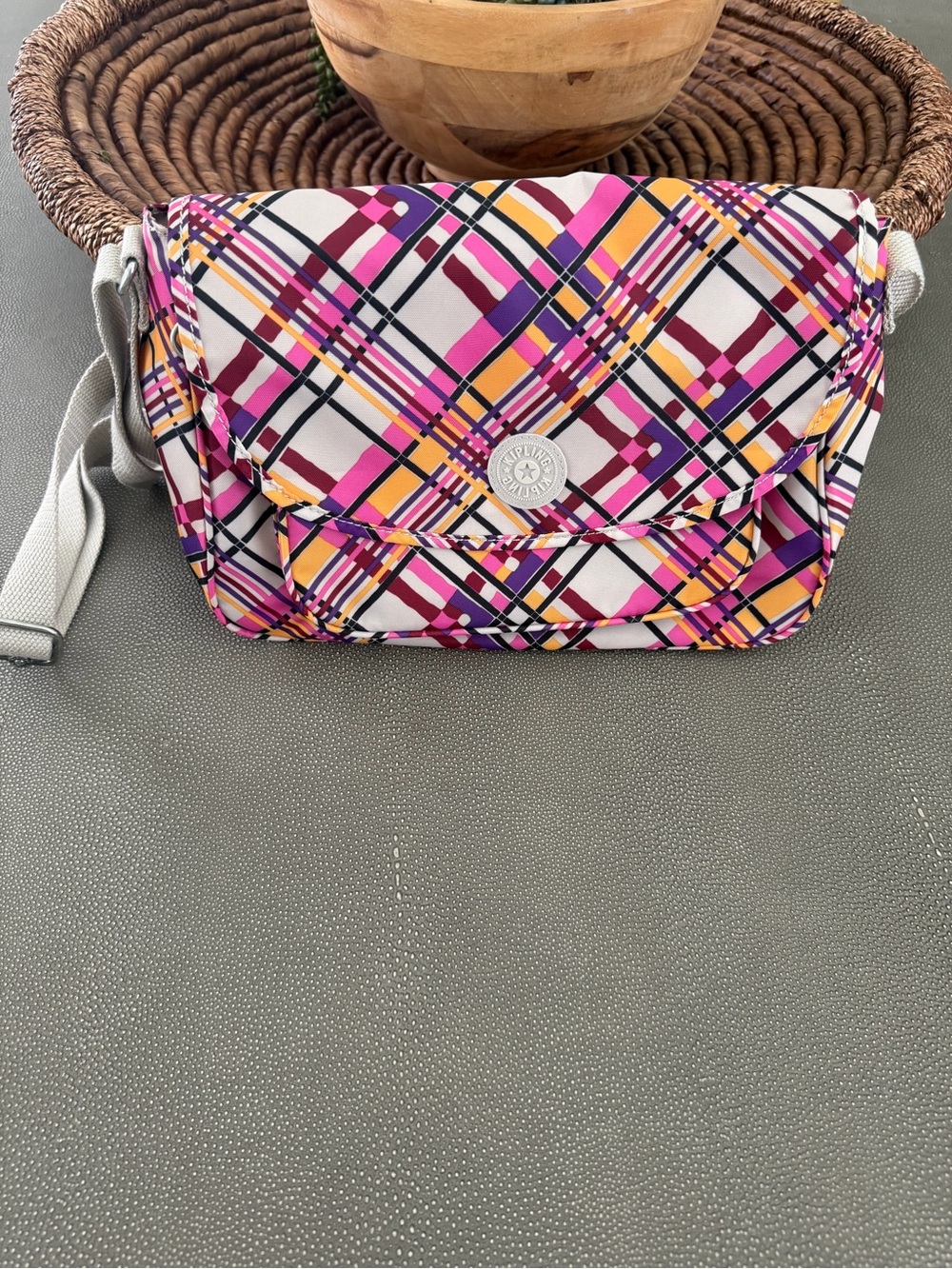 Kipling Plaid Crossbody Bag - Pink, Yellow & Purple